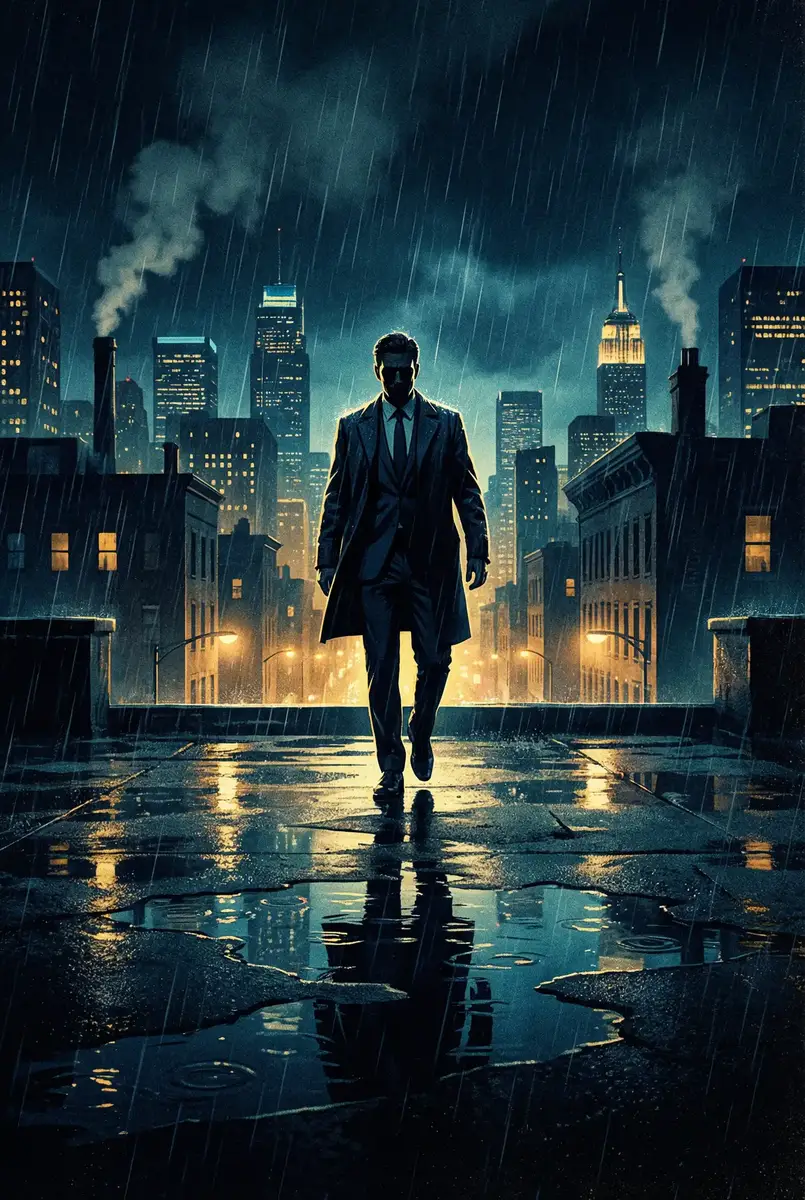 宝石影院 出品影片《雨夜独行者》海报，雨中城市屋顶男性剪影